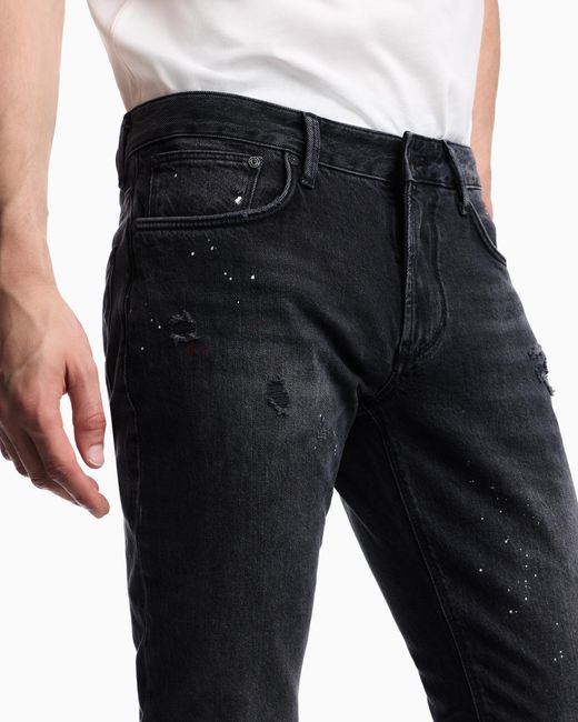Emporio Armani Blue Five-Pocket Jeans Slim Fit Distressed With Paint Splatters for men