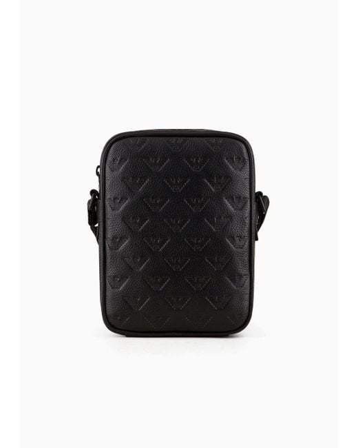 Emporio Armani Black Leather Crossbody Bag With All-over Embossed Eagle for men