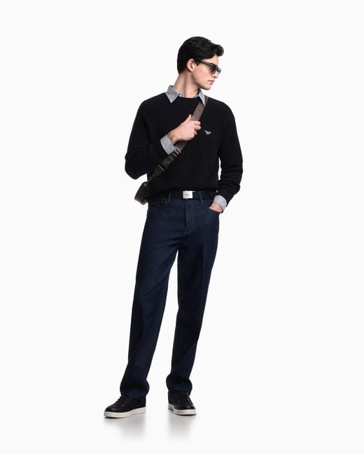 Emporio Armani Blue Half Fisherman's Rib Knit Jumper for men