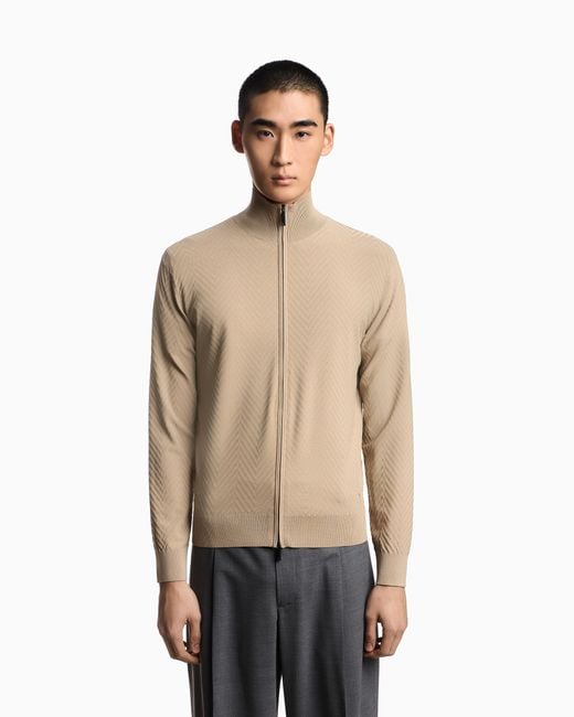 Emporio Armani Natural Icon Viscose Blend Chevron Full-Zip Cardigan for men