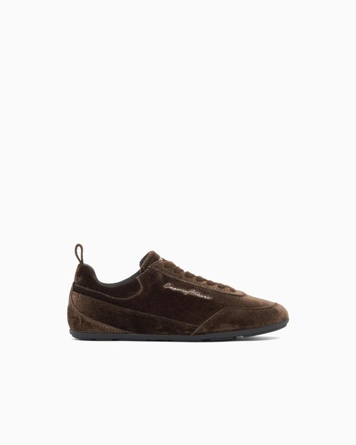 Emporio Armani Brown Velvet Low-Top Sneakers With An Embroidered Side Logo