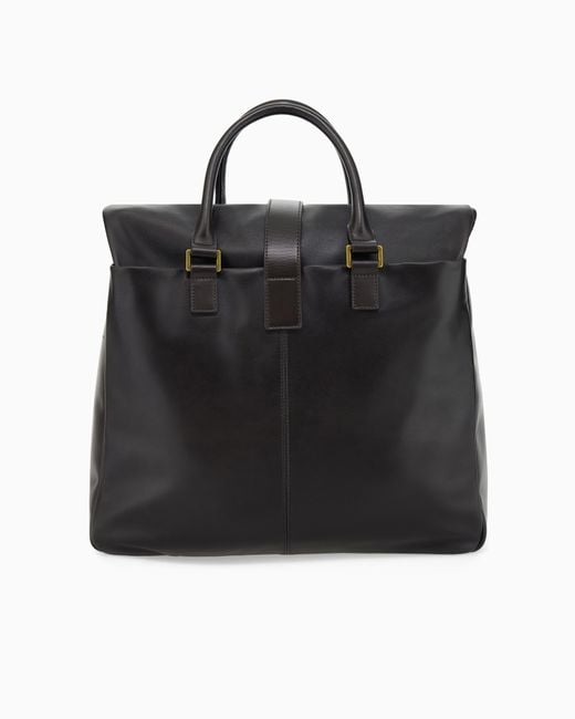 Emporio Armani Black Leather Tote Bag With Top Handles And Buckle Closure for men