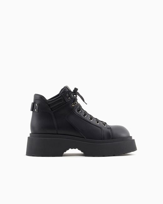 Emporio Armani Black Leather Lace-Up Ankle Boots With Chunky Soles for men