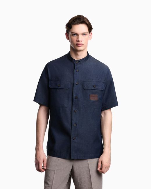 Emporio Armani Blue Denim Capsule Collection Comfort-Fit Lyocell-Blend Chambray Shirt for men