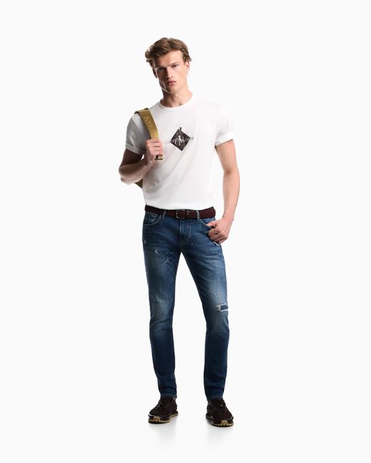 Emporio Armani White Jersey T-Shirt With Embroidered Logo And Flock Print for men