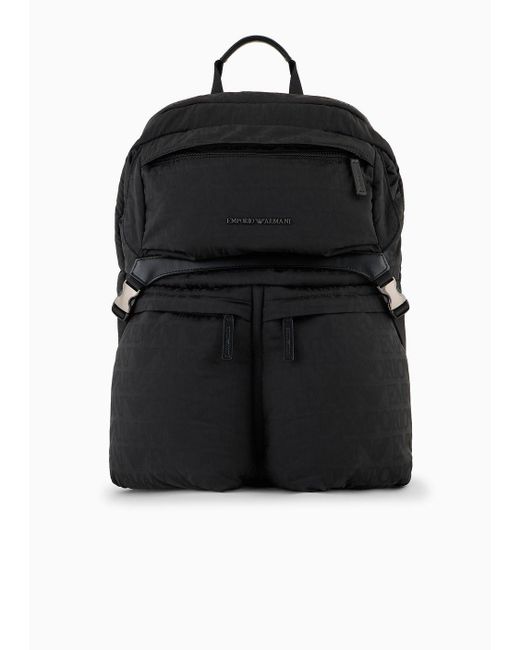 Emporio Armani Black Nylon Backpack With All-over, Jacquard Logo Lettering for men