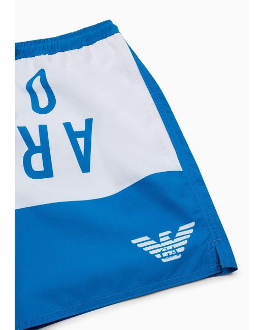 Emporio Armani Blue Asv Recycled-fabric Swim Shorts With Bold Logo Band for men