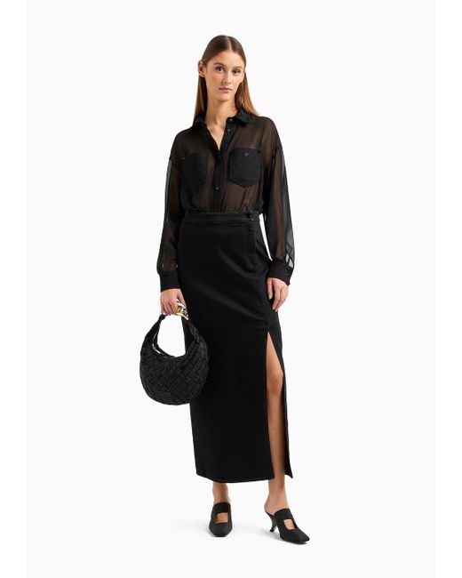 Emporio Armani Black Long Skirt With Slit In Worn-look Denim