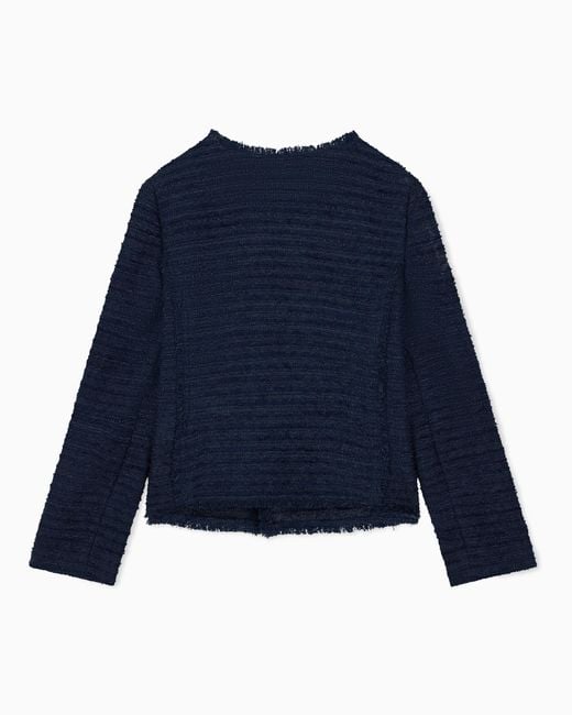 Emporio Armani Blue Unlined Textured Jacket With Ottoman Bows And Round Neckline