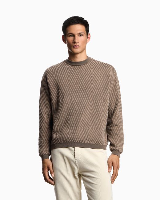 Emporio Armani Brown Virgin Wool-Blend Jumper With Op-Art Jacquard With Oversized Diamonds for men
