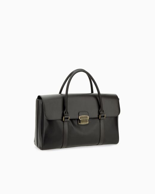 Emporio Armani Black Leather Briefcase With A Flap Closure And A Metal Clasp for men