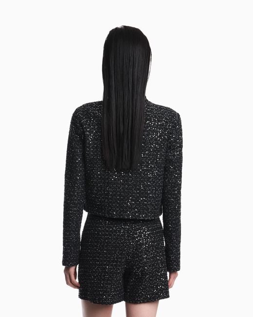 Emporio Armani Black Denim Blazer With Embroidered Paillettes And Front Buttons