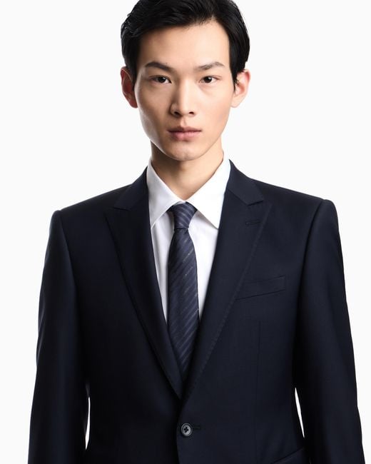 Emporio Armani Blue Plain Worsted Wool Single-Breasted Jacket for men