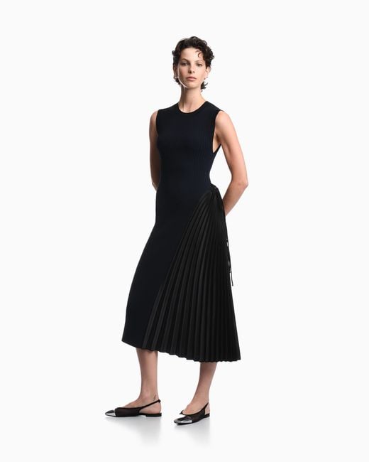 Emporio Armani Blue Long Viscose Dress With Pleated Side Insert And Drawstring