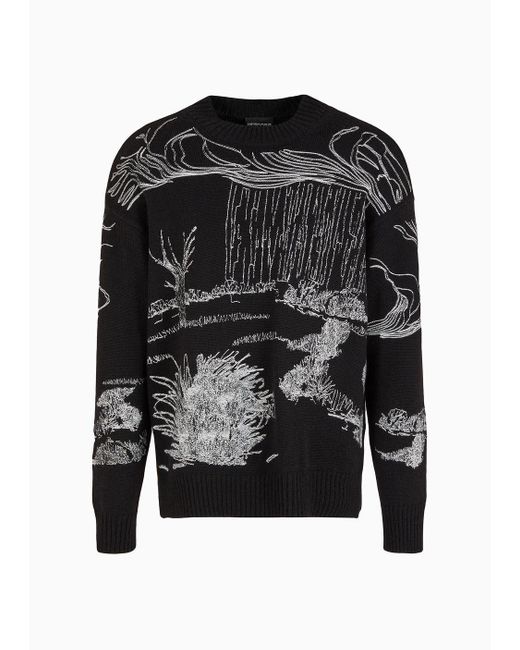 Emporio Armani Black Alpaca-blend Sweater With Nature Embroidery for men