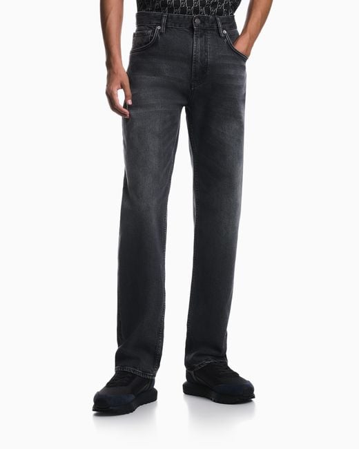 Emporio Armani Blue Regular Fit Five-Pocket Cotton Denim Jeans With Fading for men