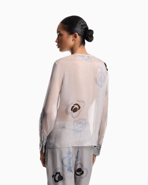 Emporio Armani Gray Silk Chiffon Blouse With Watercolour-Effect Floral Print