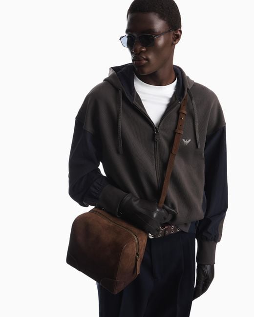 Emporio Armani Brown Suede Bowling Bag With Shoulder Strap for men