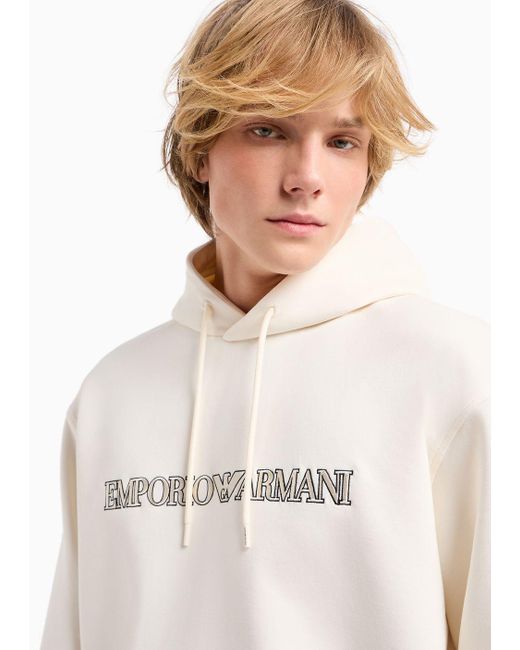 Emporio Armani White Oversized Double-jersey Hooded Sweatshirt With Logo Embroidery Trim for men