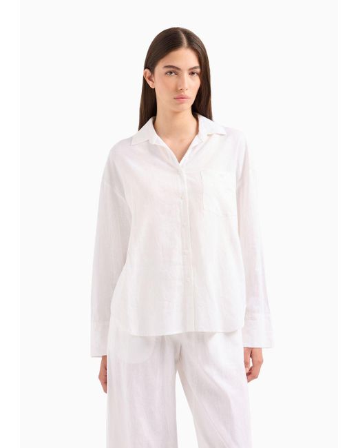 Emporio Armani White Linen And Viscose Blend Shirt With A Patch Pocket
