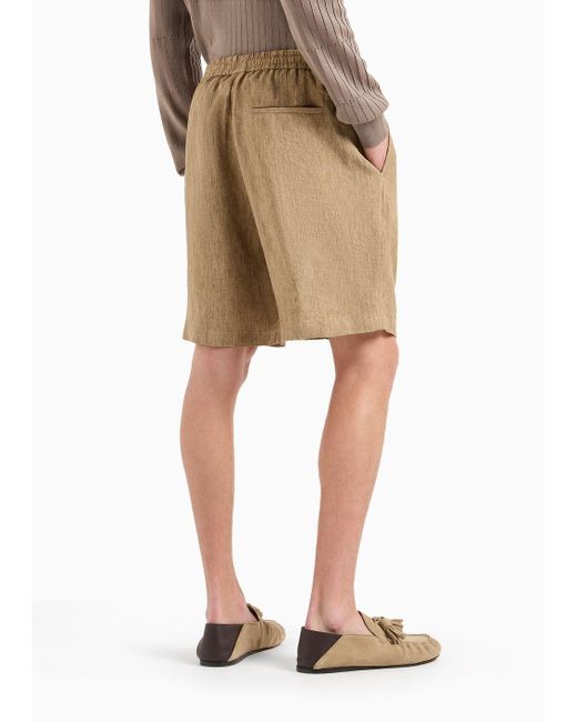Emporio Armani Natural Bermuda Shorts In Faded Linen With A Crêpe Texture, With Drawstring for men