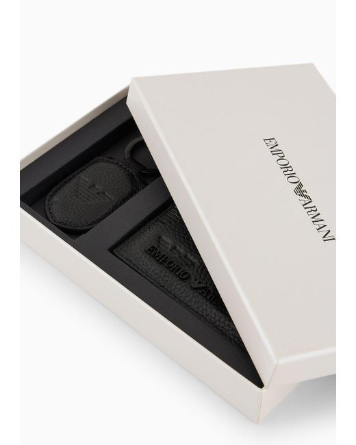 Emporio Armani Black Gift Box With Leather Wallet And Keyring With All-over Embossed Eagle for men
