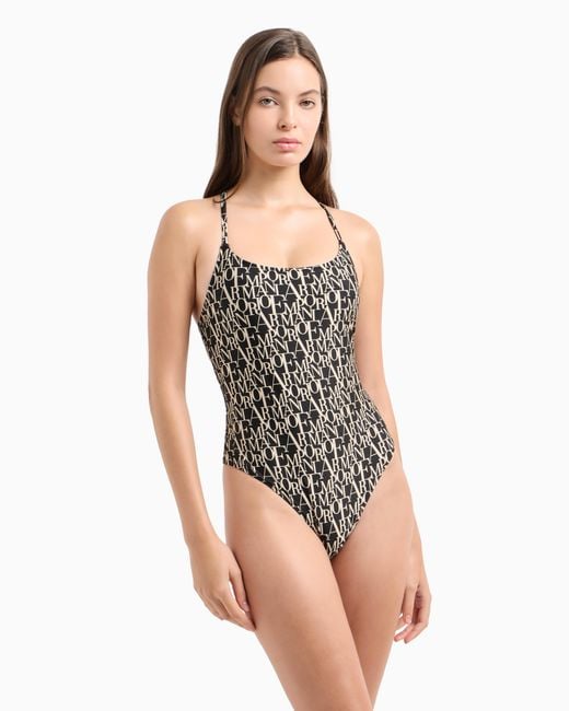 Emporio Armani Black Padded One-Piece Swimsuit With Logomania Print