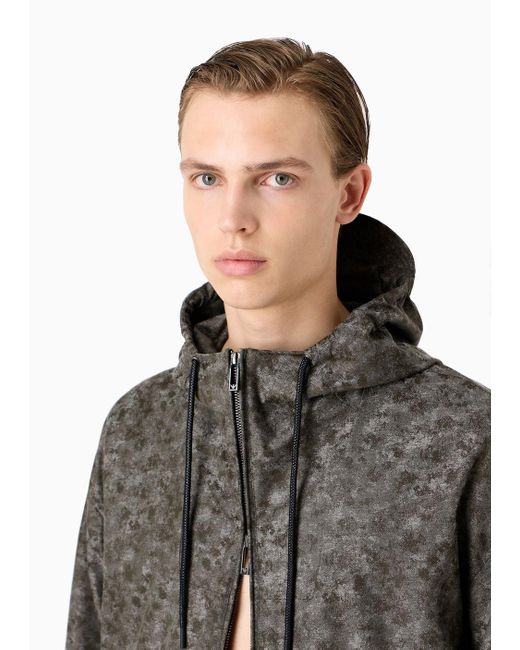Emporio Armani Gray Water-repellent Hooded Blouson In Nylon Jacquard With A Camouflage Pattern for men