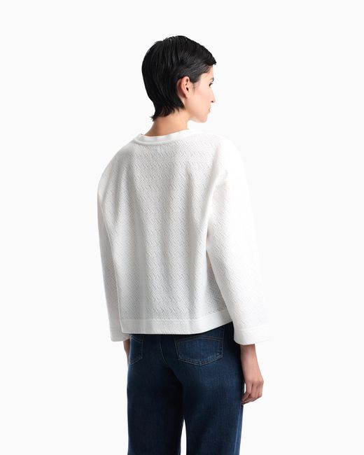 Emporio Armani White Crew Neck Cotton Jacquard Jumper With A Chevron Pattern