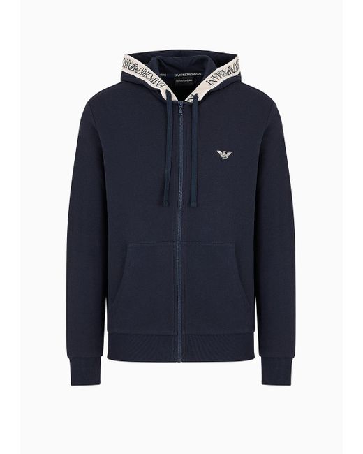 Emporio Armani Blue Loungewear Hooded Sweatshirt With Zip And Logo Tape for men