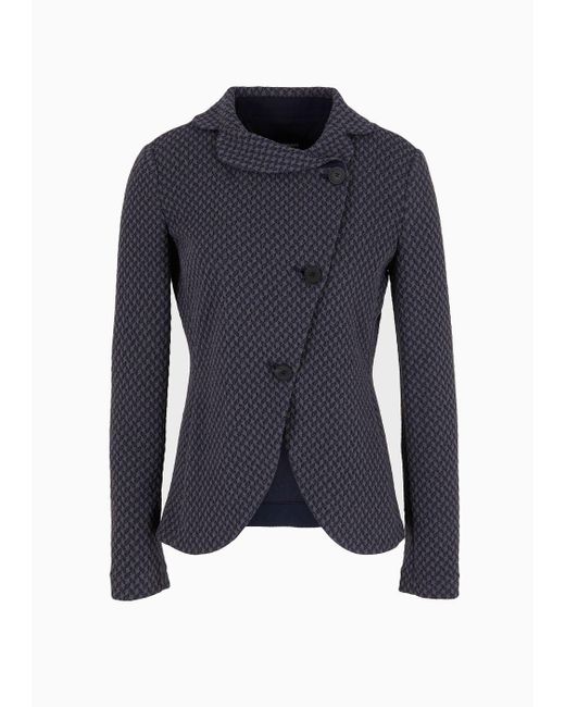 Emporio Armani Blue Jacket With Off-centre Buttoning In Knit-look Jacquard Jersey