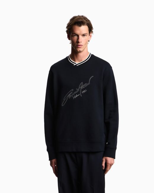 Emporio Armani Blue French Terry Jersey Sweatshirt With Embroidered Signature Logo for men