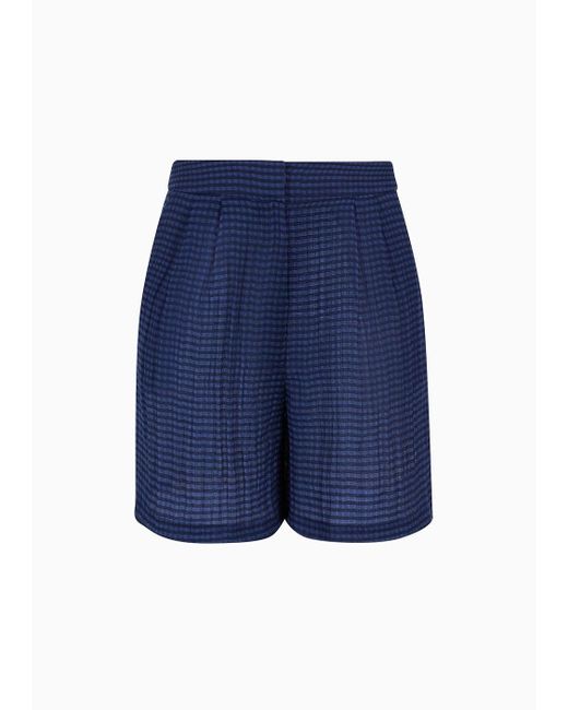 Emporio Armani Blue Darted Bermuda Shorts In Gingham-effect Seersucker Fabric