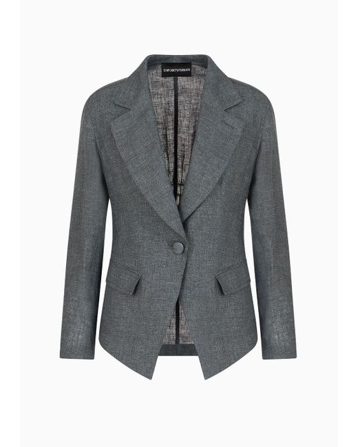 Emporio Armani Gray Single-breasted Jacket With Smocking Details In Washed Linen