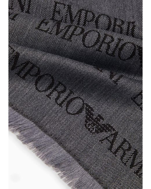 Sciarpa Misto Lana Vergine Logo Lettering Jacquard E Frange di Emporio Armani in Gray da Uomo