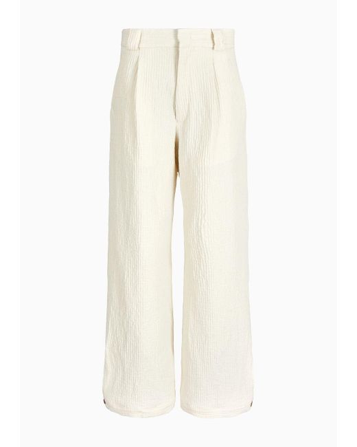 Pantaloni Con Spacco Sul Fondo In Misto Lino Effetto Corteccia di Emporio Armani in White da Uomo