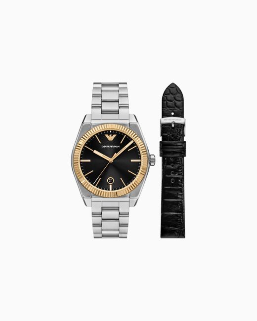 Set De Reloj De Acero Inoxidable Con Tres Manecillas Y Visualización De Fecha Y Correa De Piel Intercambiable Emporio Armani de hombre de color White