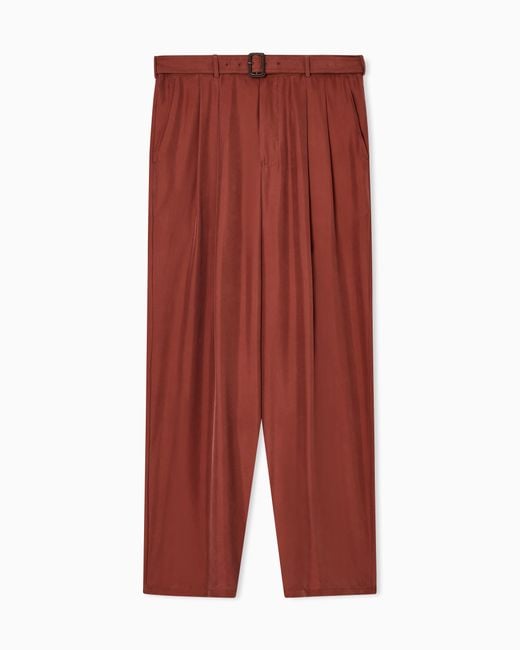 Emporio Armani Red Pure Washed Silk Habutai Belted Trousers for men