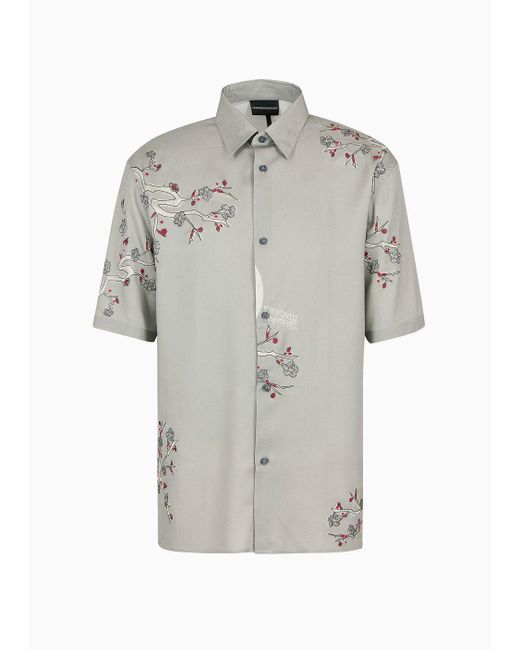 Emporio Armani Gray Asv Oversize, Short-sleeved Lyocell Shirt With Asian Theme for men