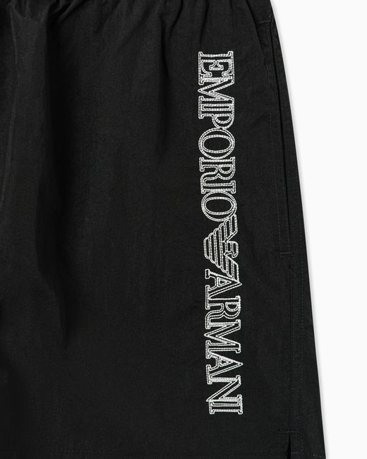 Emporio Armani Black Swim Shorts With Stitched Logo Embroidery for men