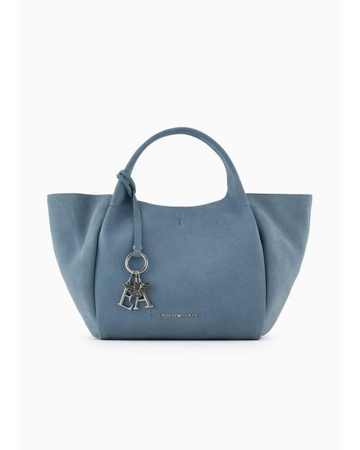 Emporio Armani Blue Split Cowhide Shopper Bag With Logo Charm