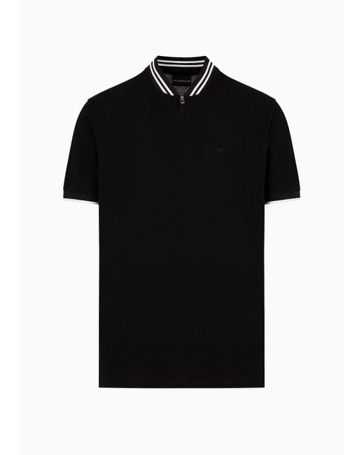 Emporio Armani Black Mercerised Piqué Polo Shirt With Zip, Bomber Jacket Collar And Micro Eagle Embroidery for men