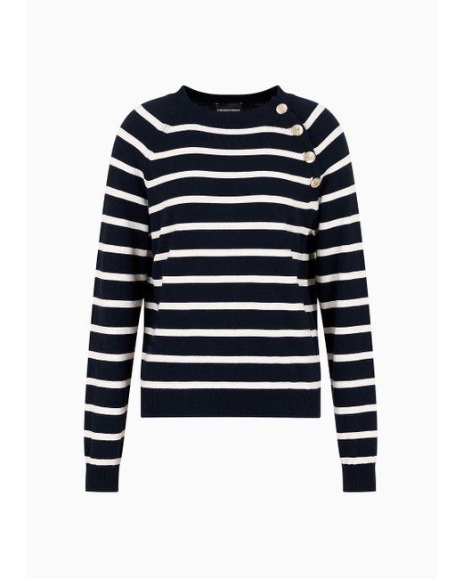 Emporio Armani Blue Striped Jumper With Opening At The Shoulder And Gold Buttons