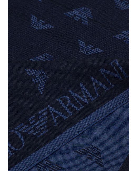 Emporio Armani Blue All-over Eagle Embroidered Wool Scarf for men