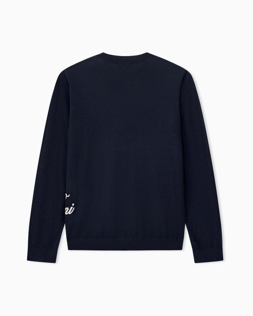Emporio Armani Blue Virgin Wool Sweater With Embroidered Logo for men