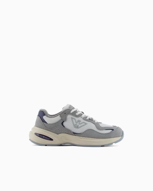Emporio Armani White Mesh Sneakers With Suede Details And An Eagle Logo