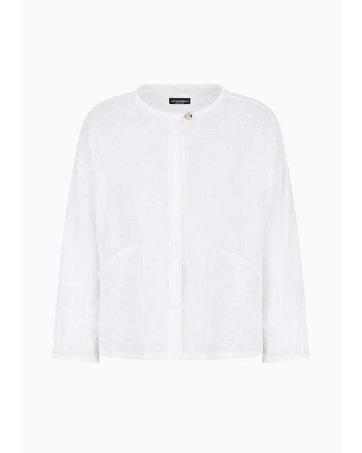 Emporio Armani White Pure Linen Crew-neck Shirt With Brushed Details