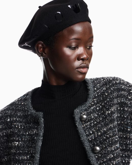 Emporio Armani Black Beret Hat With Metallic Studs Around The Edge