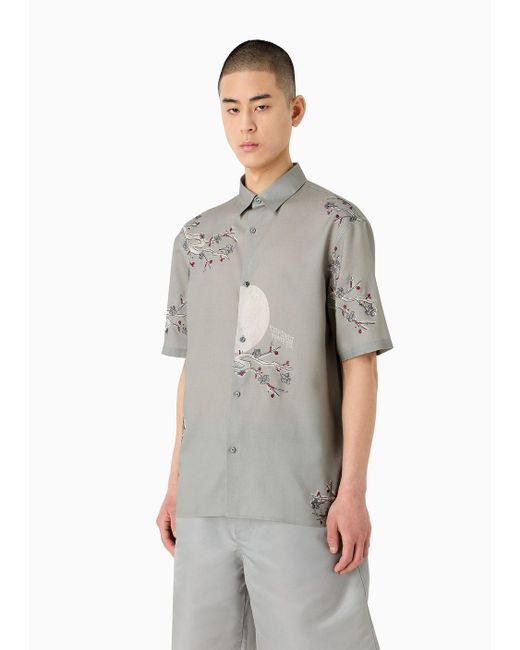 Camisa Ancha De Manga Corta De Lyocell Con Temática Oriental Asv Emporio Armani de hombre de color Gray