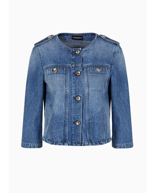 Emporio Armani Blue Worn-look Denim Jacket With Three-quarter Sleeves